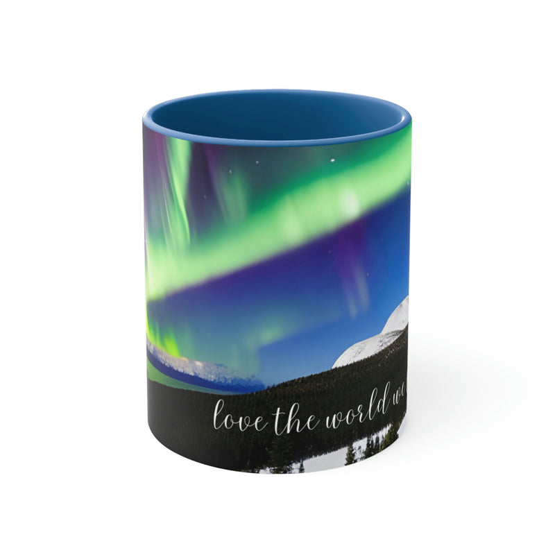 Beautiful coffee mug showing image of the northern lights with a gentle reminder to love the world we live in. Part of our Wonderful World collection.