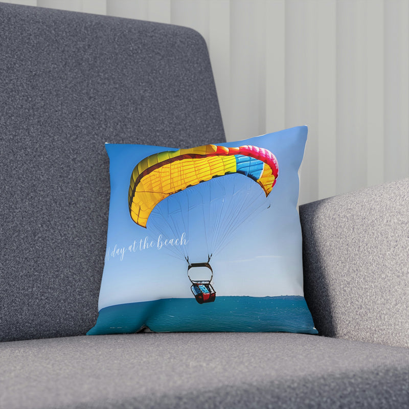 From our Sand and Sun collection. This accent cushion with brilliant colors displays an image of fun in the sun. The perfect addition to your beach house, vacation home, rental property or cabin. Matching beverage mug also available.
