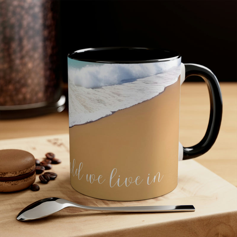 Beautiful coffee mug from our Wonderful World collection showing waves rolling onto a sandy beach.  Matching accent cushion also available.