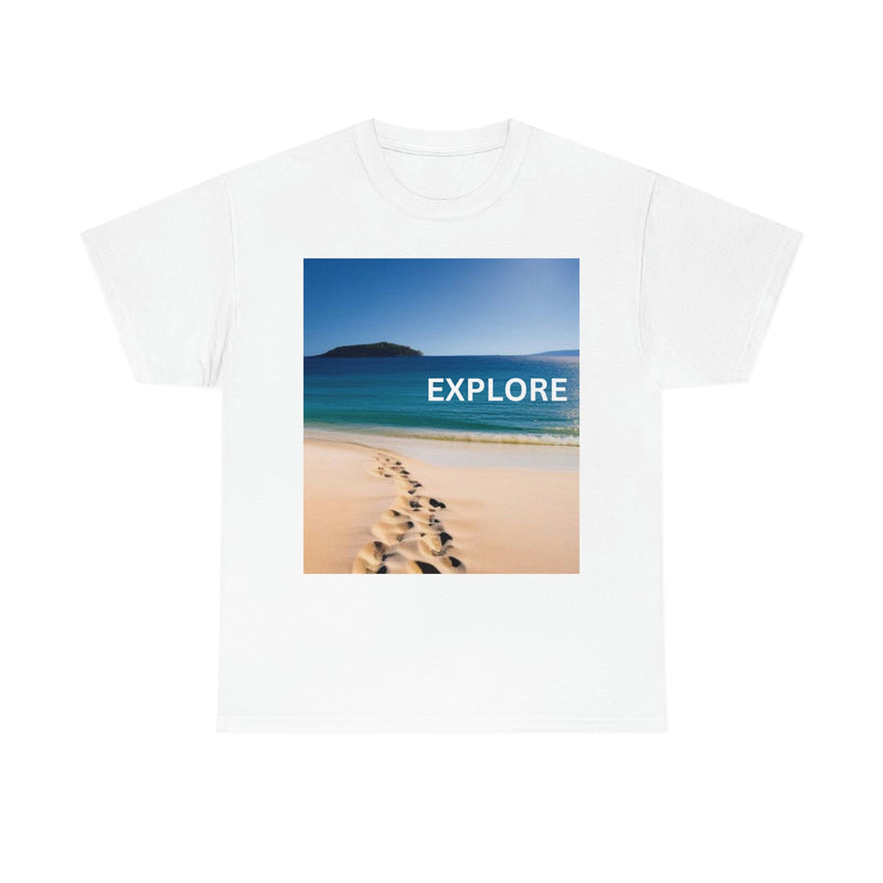Show the world your adventurous spirit in this Unisex Cotton Tee with the image of footprints on a beach. From our Adventure collection of merchandise.