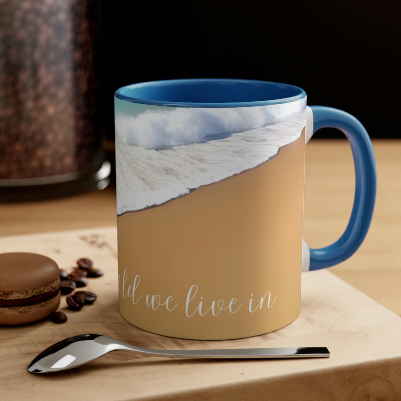 Beautiful coffee mug from our Wonderful World collection showing waves rolling onto a sandy beach.  Matching accent cushion also available.