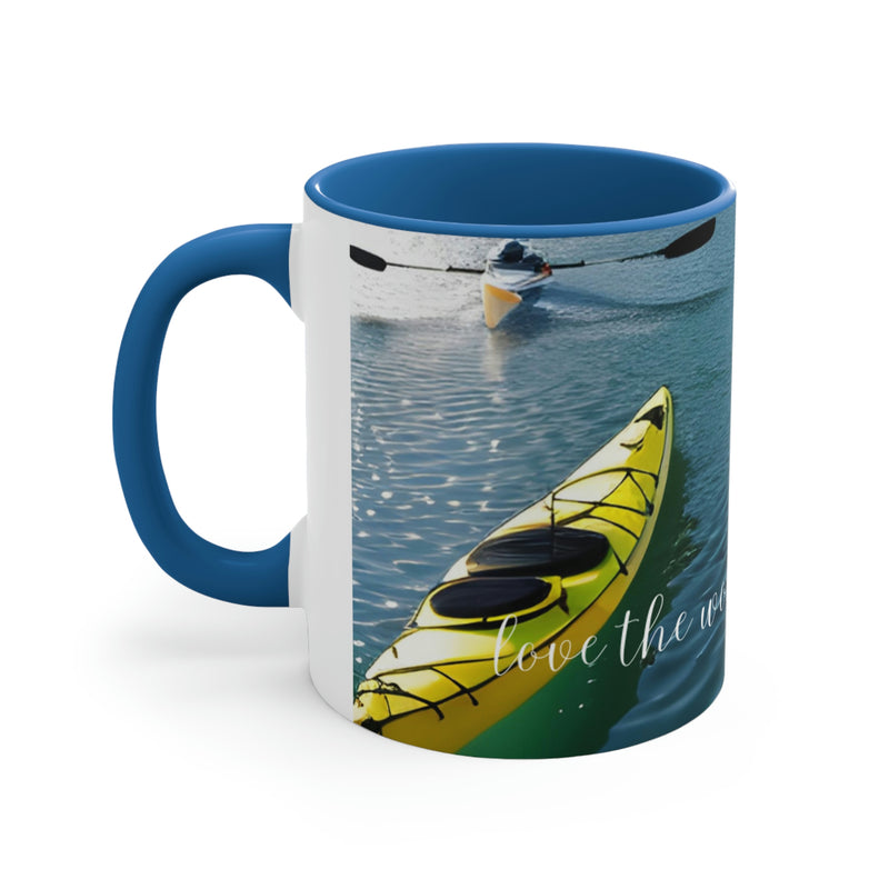 This coffee mug is from our Wonderful World collection. Beautiful image of kayaks enjoying leisure time on the water. Perfect for vacation home, rental property or cabin. Matching accent cushion also available.