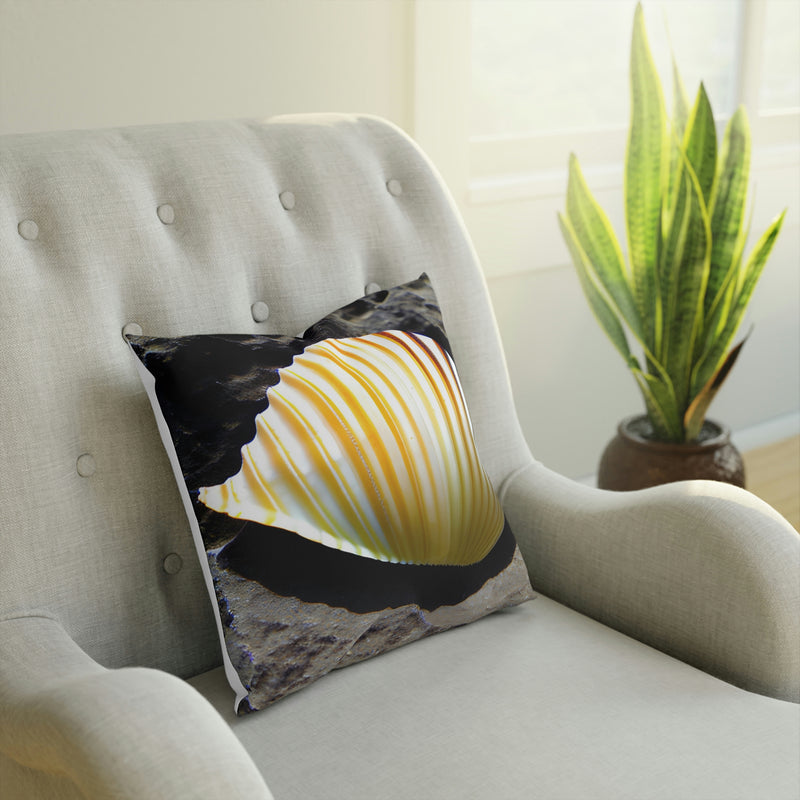 Beautiful accent cushion showing a bright yellow seashell. Perfect addition to any room at your beach house, vacation home, rental property or cabin.