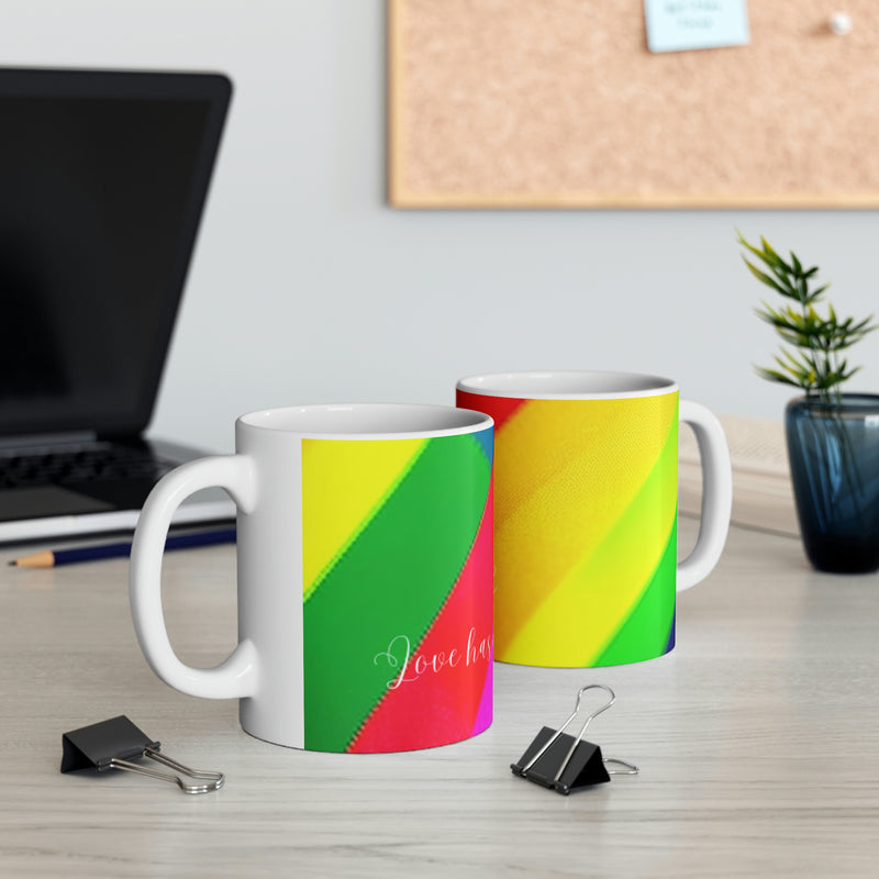 From our Expressions collection of merchandise. Take pride in displaying this colorful coffee mug with the phrase, Love has no label. A perfect gift for that special someone.