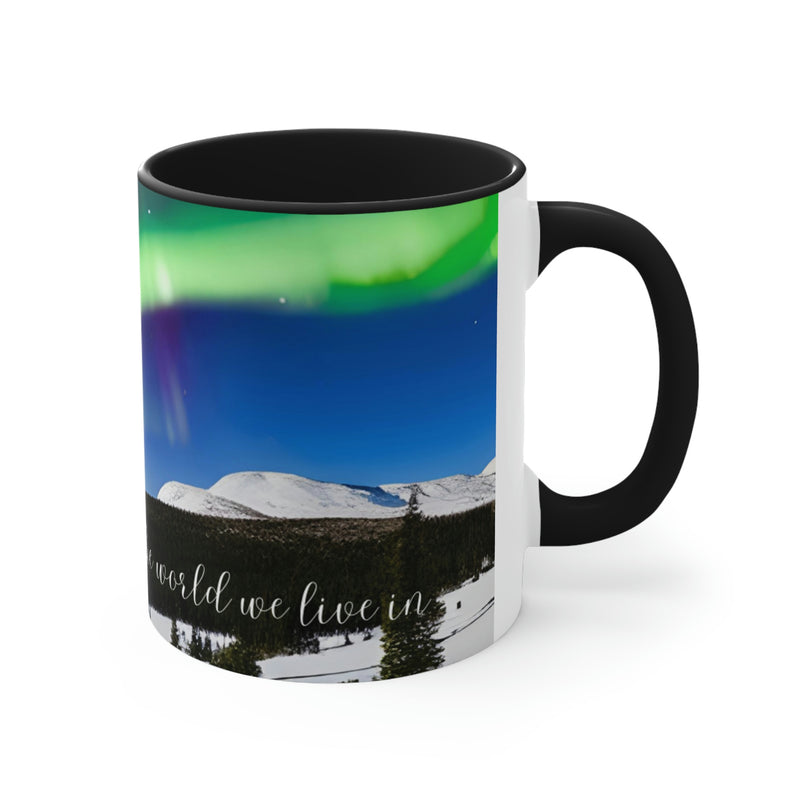 Beautiful coffee mug showing image of the northern lights with a gentle reminder to love the world we live in. Part of our Wonderful World collection.