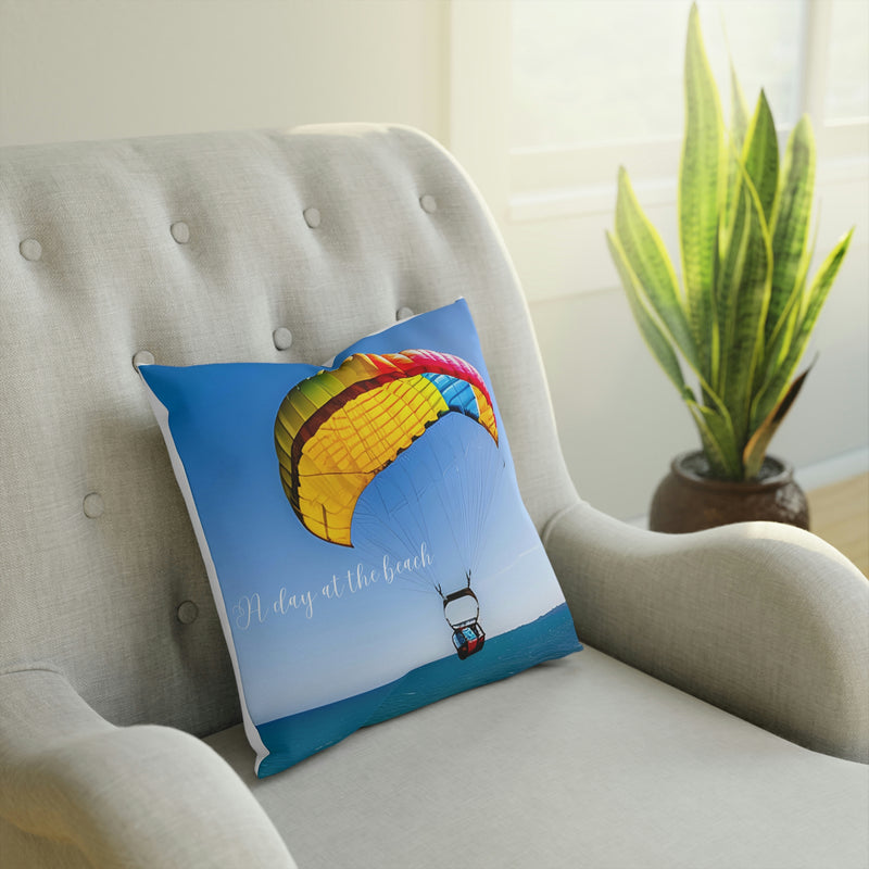 From our Sand and Sun collection. This accent cushion with brilliant colors displays an image of fun in the sun. The perfect addition to your beach house, vacation home, rental property or cabin. Matching beverage mug also available.
