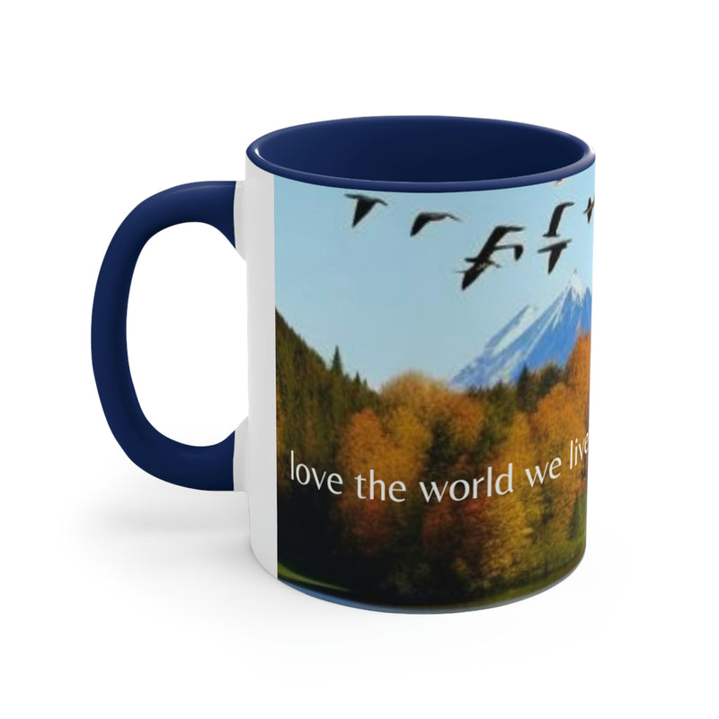 Autumn leaves are the backdrop for this image of a flock of geese searching for water, with the gentle reminder to love the world we live in. Part of our Wonderful World collection of merchandise.
