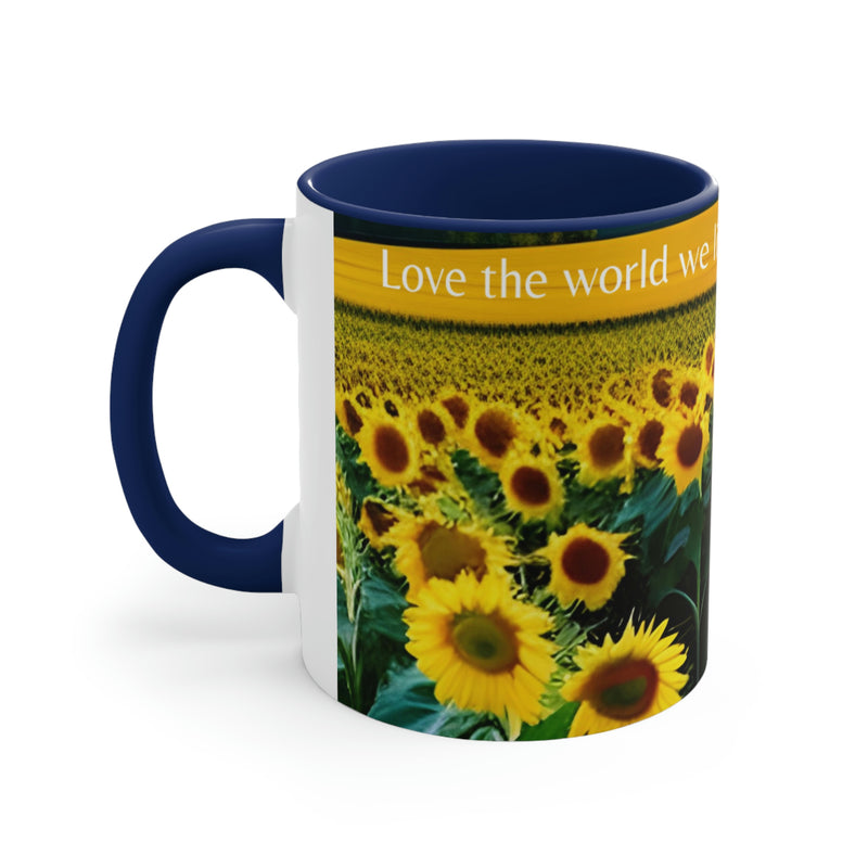 Beautiful coffee mug showing a field of yellow sunflowers with the gentle reminder to Love the world we live in. Part of our Wonderful World collection of merchandise.