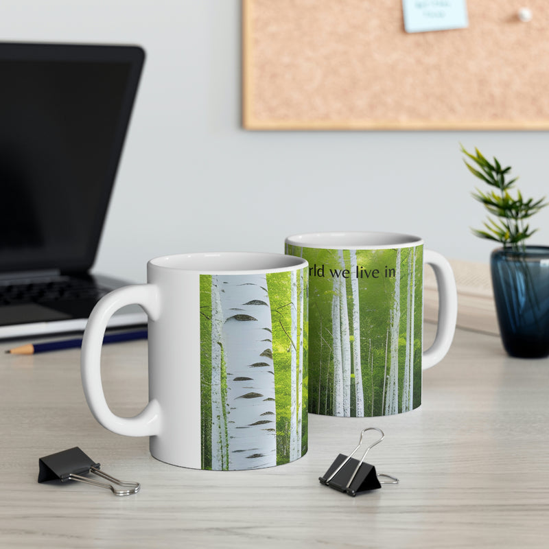 This beautiful coffee mug is part of our Wonderful World collection. Lush greenery surround white Birch trees with the gentle reminder to love the world we live in.