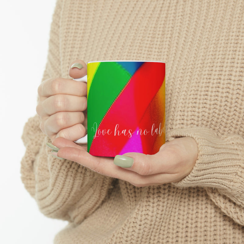 From our Expressions collection of merchandise. Take pride in displaying this colorful coffee mug with the phrase, Love has no label. A perfect gift for that special someone.