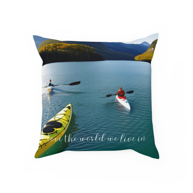 Beautiful accent cushion with the image of kayaks enjoying leisure time on the water. From our Wonderful World collection, perfect for the beach house, rental property, vacation home or cabin. Matching coffee mug also available.