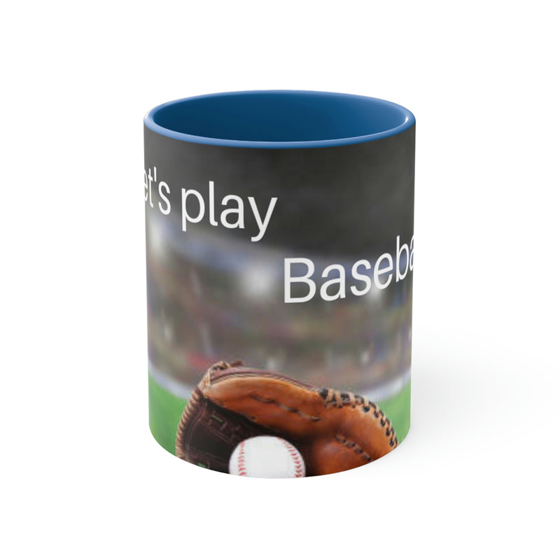 Perfect gift for that baseball mom or dad. Ball and glove lying on green grass with the simple phrase, let's play baseball.