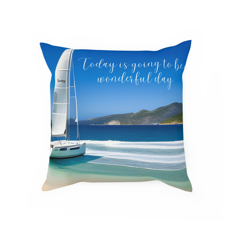 From our Sand and Sun collection. Beautiful accent cushion showing a sailboat perched on a sandy shore. Bright blue sky and blue water highlight this beautiful image. Perfect for your beach house, vacation home or rental property.