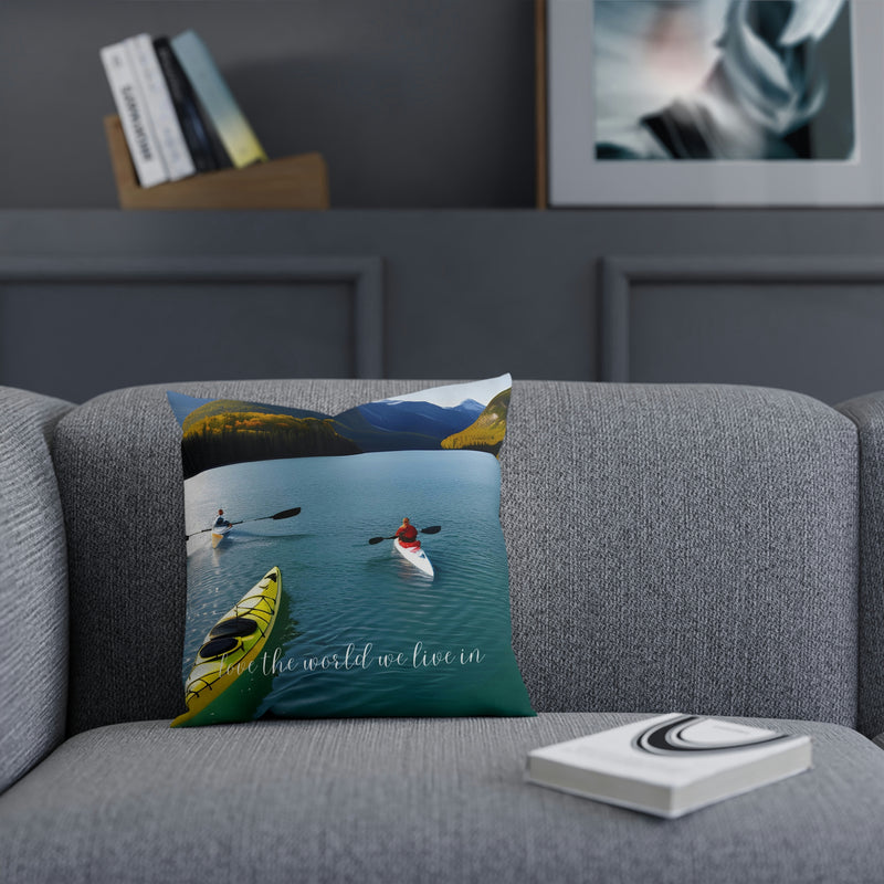 Beautiful accent cushion with the image of kayaks enjoying leisure time on the water. From our Wonderful World collection, perfect for the beach house, rental property, vacation home or cabin. Matching coffee mug also available.