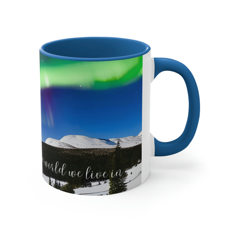 Beautiful coffee mug showing image of the northern lights with a gentle reminder to love the world we live in. Part of our Wonderful World collection.
