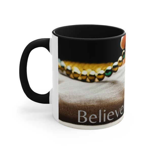 Beautiful coffee mug with the image of a rosary and a bible, with the simple, but powerful word; Believe. From our Faith Based collection of merchandise.