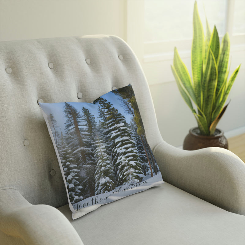 Beautiful accent cushion showing snowcapped pine trees. Part of our Wonderful World collection of merchandise. Perfect addition for home, vacation property, rental property or cabin. Matching coffee mug also available.