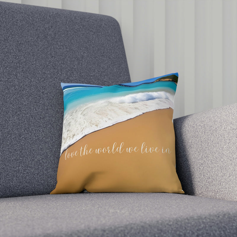From our Wonderful World collection, this beautiful accent cushion showing waves gently rolling onto sandy beach. Perfect for your beach house, vacation or rental property, or cabin. Matching coffee mug also available.