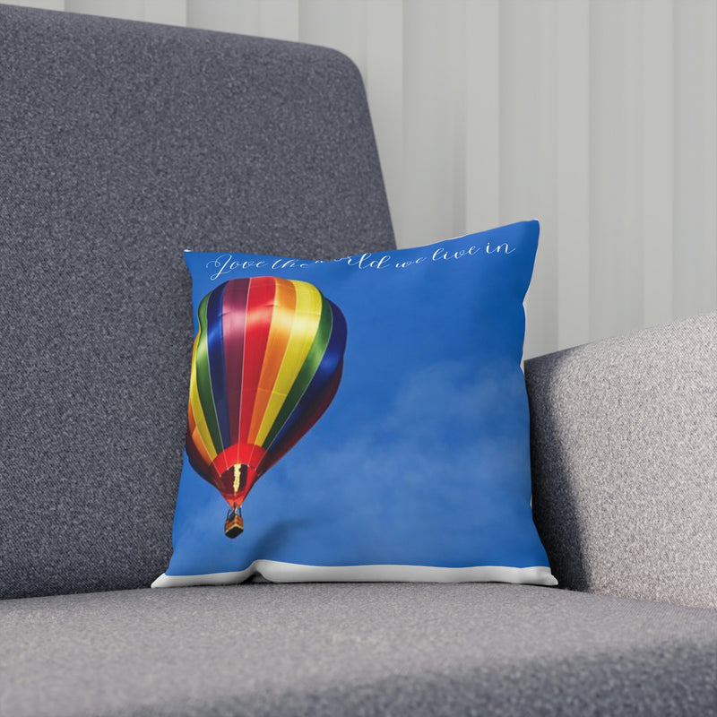 From our Wonderful World collection of merchandise, this colorful accent cushion has an image of a hot air floating across bright blue sky. Matching coffee mug also available...