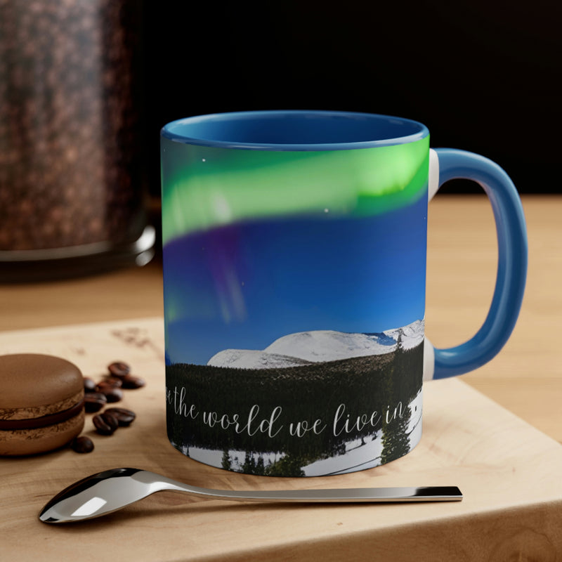 Beautiful coffee mug showing image of the northern lights with a gentle reminder to love the world we live in. Part of our Wonderful World collection.