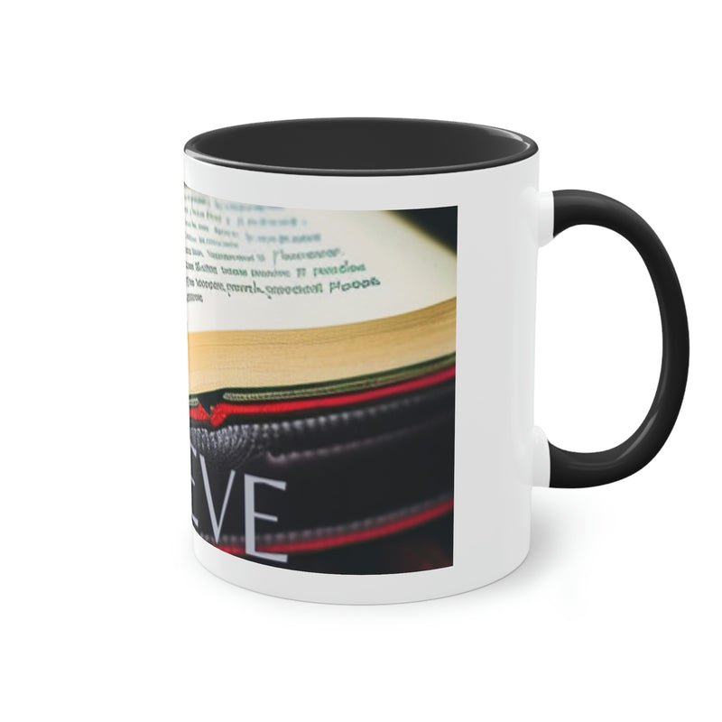 This beautiful coffee mug with the image of a rosary and  merchandise.Bible, and the powerful reminder to Believe, will offer comfort to those struggling. Part of our Faith Based collection of