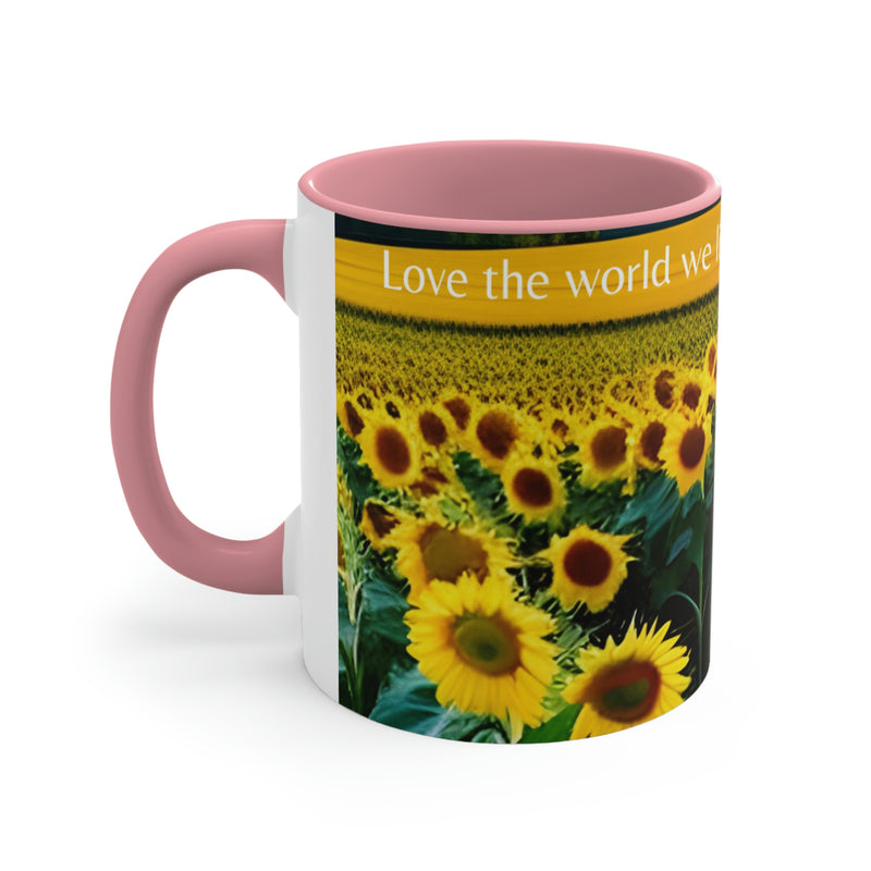 Beautiful coffee mug showing a field of yellow sunflowers with the gentle reminder to Love the world we live in. Part of our Wonderful World collection of merchandise.