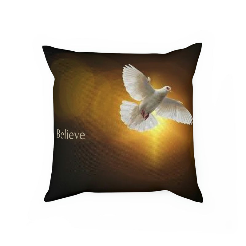 From our Faith Based collection of merchandise. This beautiful cushion depicting the Dove of Peace, and the simple affirmation; Believe.
