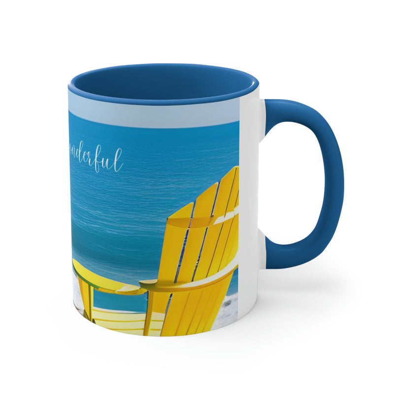 Beautiful coffee mug from our Sand and Sun collection. Bright yellow Adirondack chair surrounded by blue sky and blue water. The perfect addition to your beach house or vacation rental.