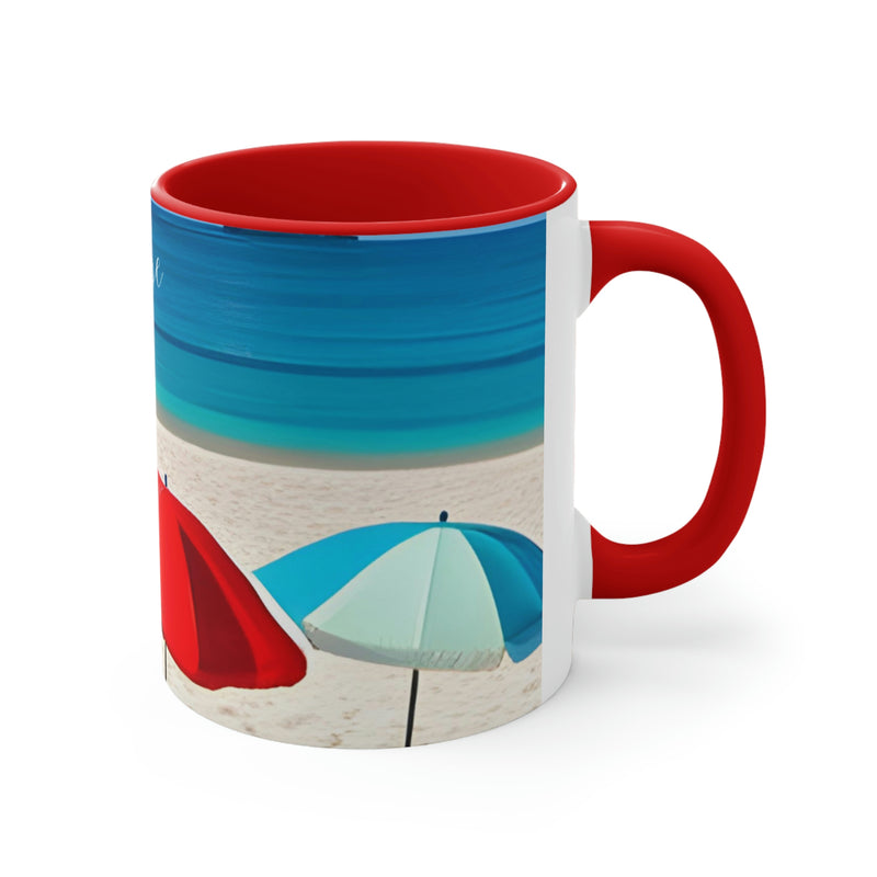 From our Sand and Sun collection. Beautiful coffee mug showing colorful beach umbrellas, a sandy beach and blue ocean. Perfect for your beach house, vacation home or rental property.