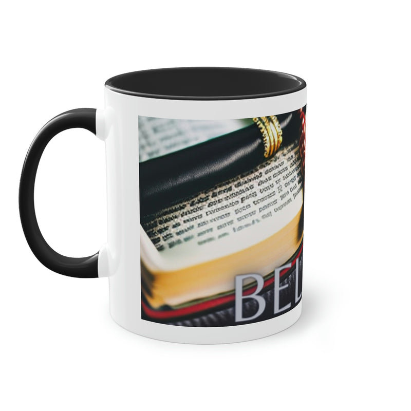 This beautiful coffee mug with the image of a rosary and  merchandise.Bible, and the powerful reminder to Believe, will offer comfort to those struggling. Part of our Faith Based collection of