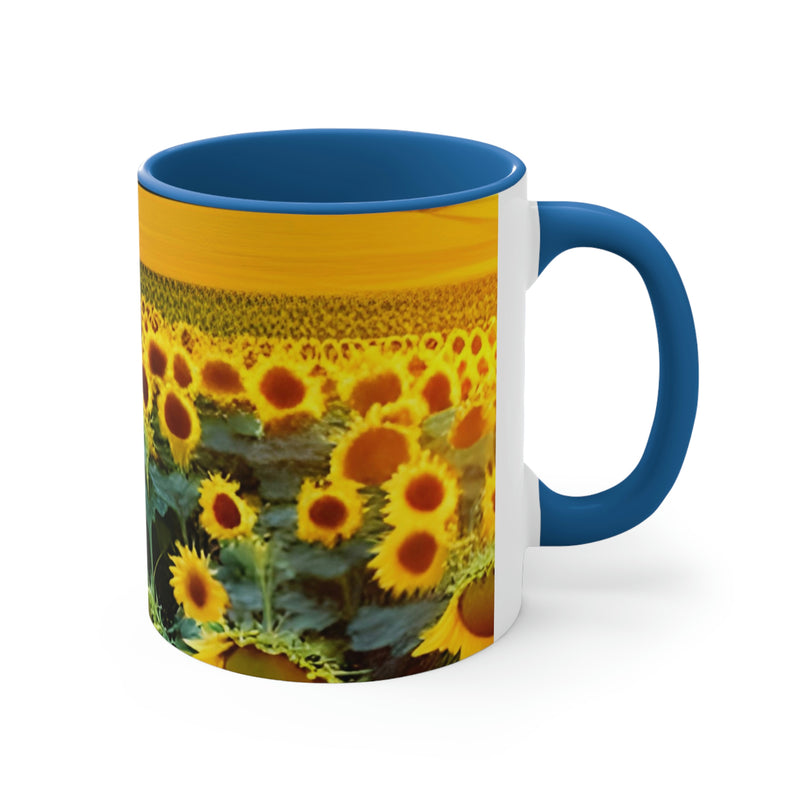 Beautiful coffee mug showing a field of yellow sunflowers with the gentle reminder to Love the world we live in. Part of our Wonderful World collection of merchandise.