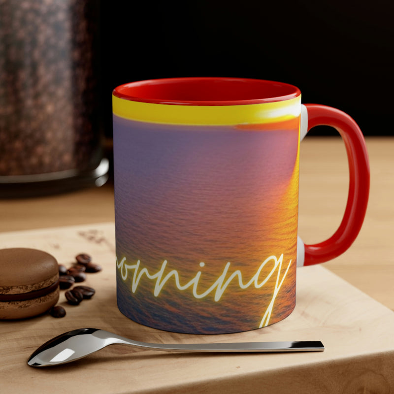 Start your day with this inviting image of a beautiful sunrise over water and a simple, good morning. From our Wonderful World collection of merchandise.