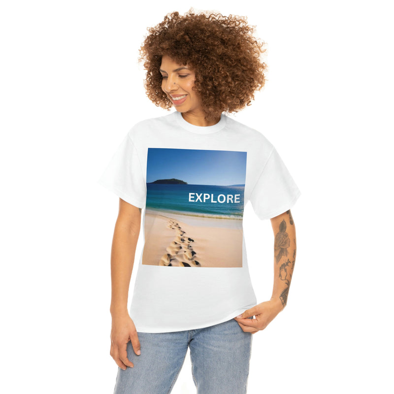 Show the world your adventurous spirit in this Unisex Cotton Tee with the image of footprints on a beach. From our Adventure collection of merchandise.