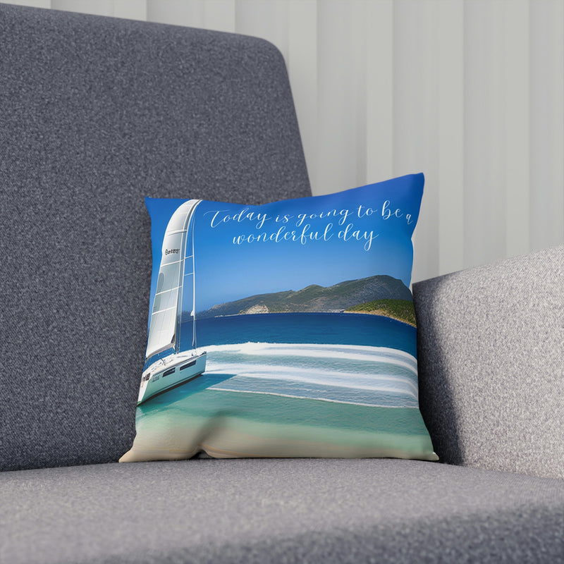 From our Sand and Sun collection. Beautiful accent cushion showing a sailboat perched on a sandy shore. Bright blue sky and blue water highlight this beautiful image. Perfect for your beach house, vacation home or rental property.