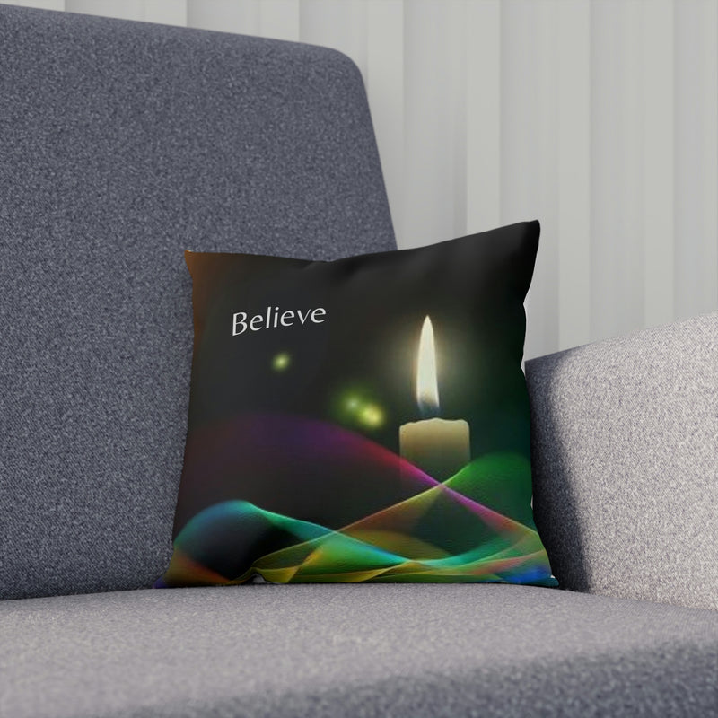 From our Faith Based collection. This soft cotton cushion is the perfect accent for any room. Warm candlelight and a gentle reminder to Believe