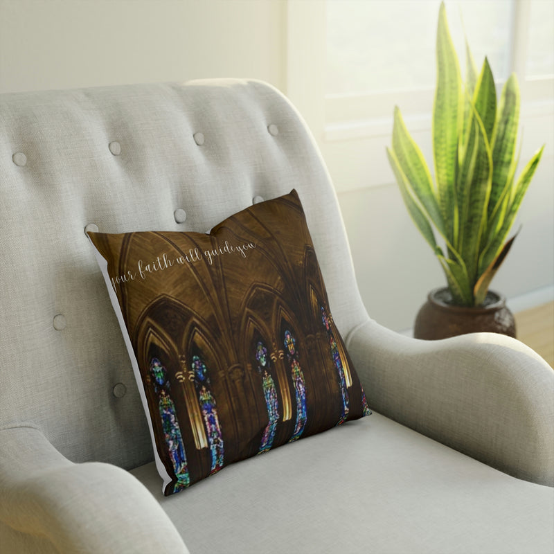 From our Faith Based collection of merchandise. This cushion showcases beautiful stained glass windows with the simple reminder that faith will guide you.