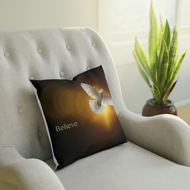 From our Faith Based collection of merchandise. This beautiful cushion depicting the Dove of Peace, and the simple affirmation; Believe.