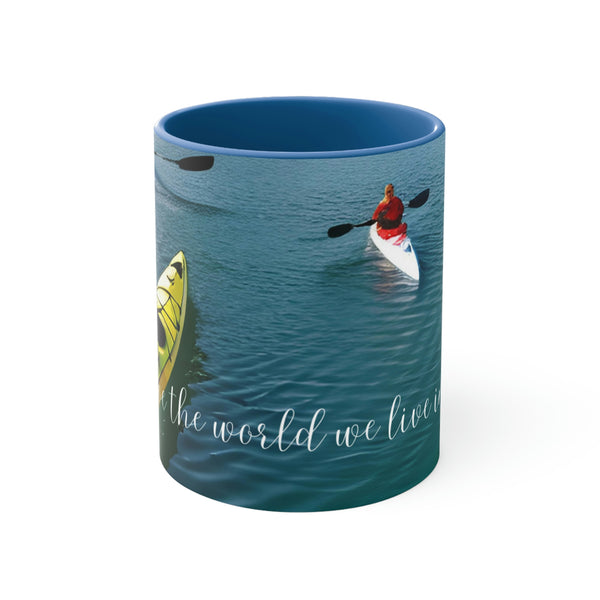 This coffee mug is from our Wonderful World collection. Beautiful image of kayaks enjoying leisure time on the water. Perfect for vacation home, rental property or cabin. Matching accent cushion also available.