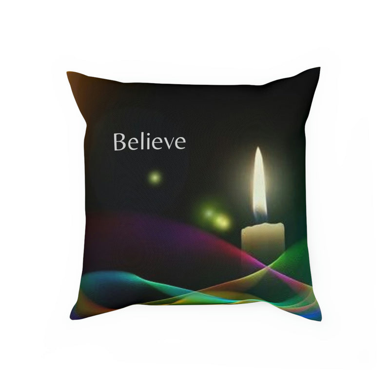 From our Faith Based collection. This soft cotton cushion is the perfect accent for any room. Warm candlelight and a gentle reminder to Believe