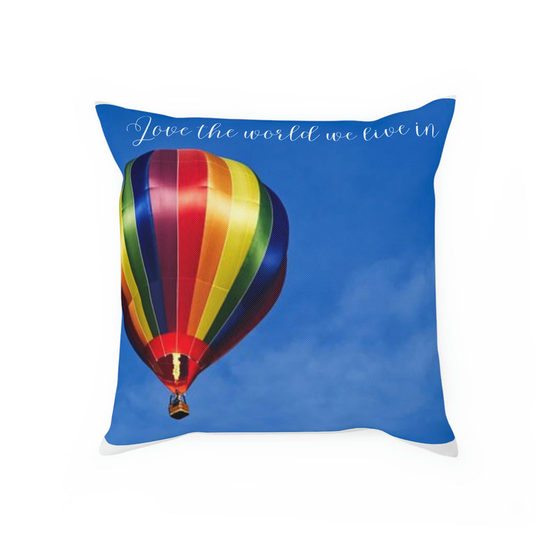 From our Wonderful World collection of merchandise, this colorful accent cushion has an image of a hot air floating across bright blue sky. Matching coffee mug also available...