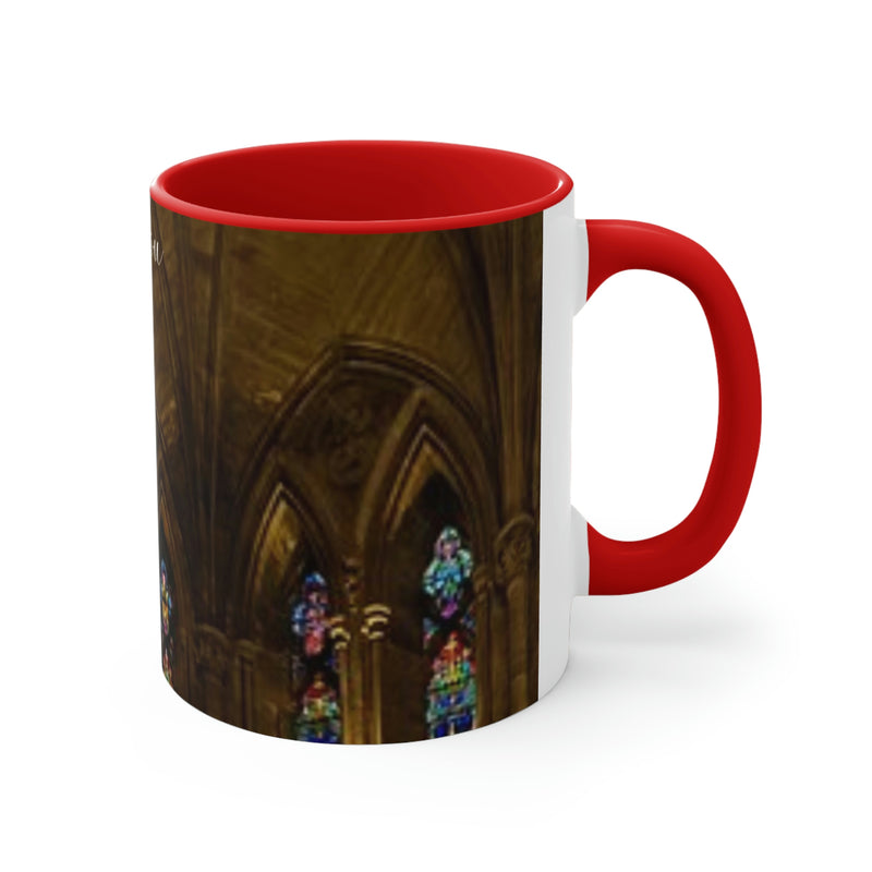 Beautiful stained glass highlight this coffee mug. Our Faith Based collection of products offers reminders of how vital our faith is. Matching accent cushion with same design also available.