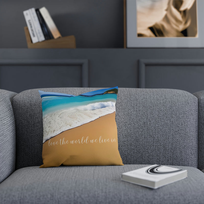 From our Wonderful World collection, this beautiful accent cushion showing waves gently rolling onto sandy beach. Perfect for your beach house, vacation or rental property, or cabin. Matching coffee mug also available.