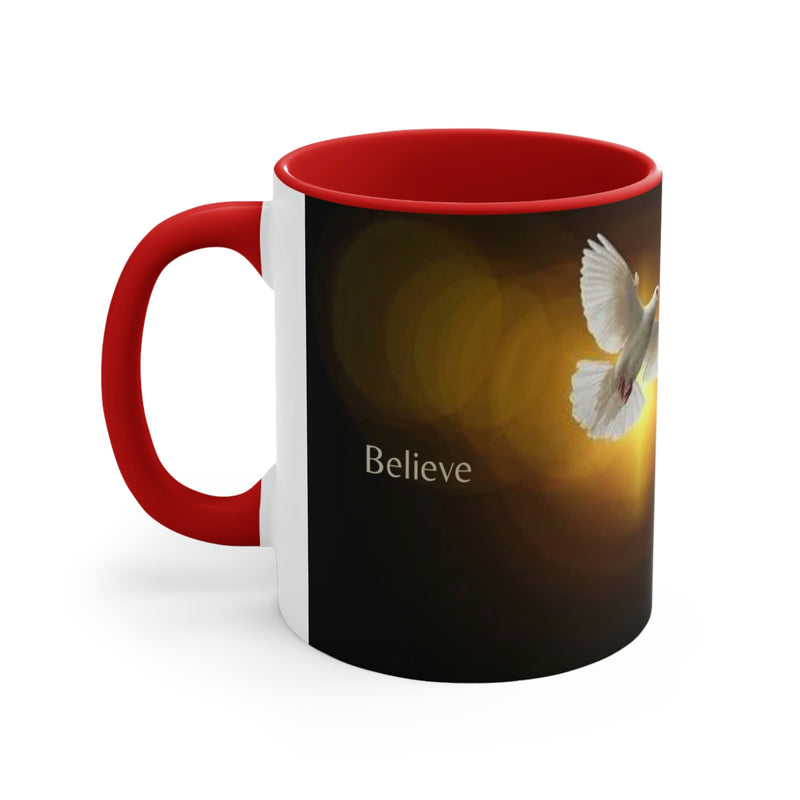 Our Faith Based collection of merchandise bring you this beautiful coffee mug depicting the Dove of Peace, and the simple affirmation, Believe.