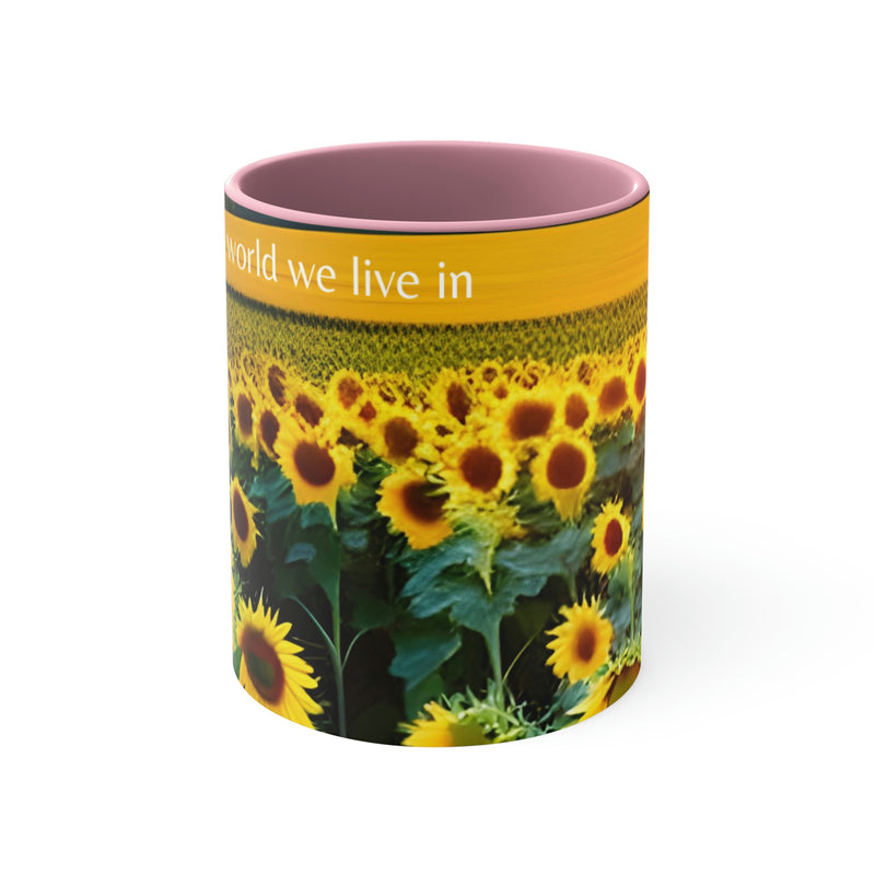 Beautiful coffee mug showing a field of yellow sunflowers with the gentle reminder to Love the world we live in. Part of our Wonderful World collection of merchandise.