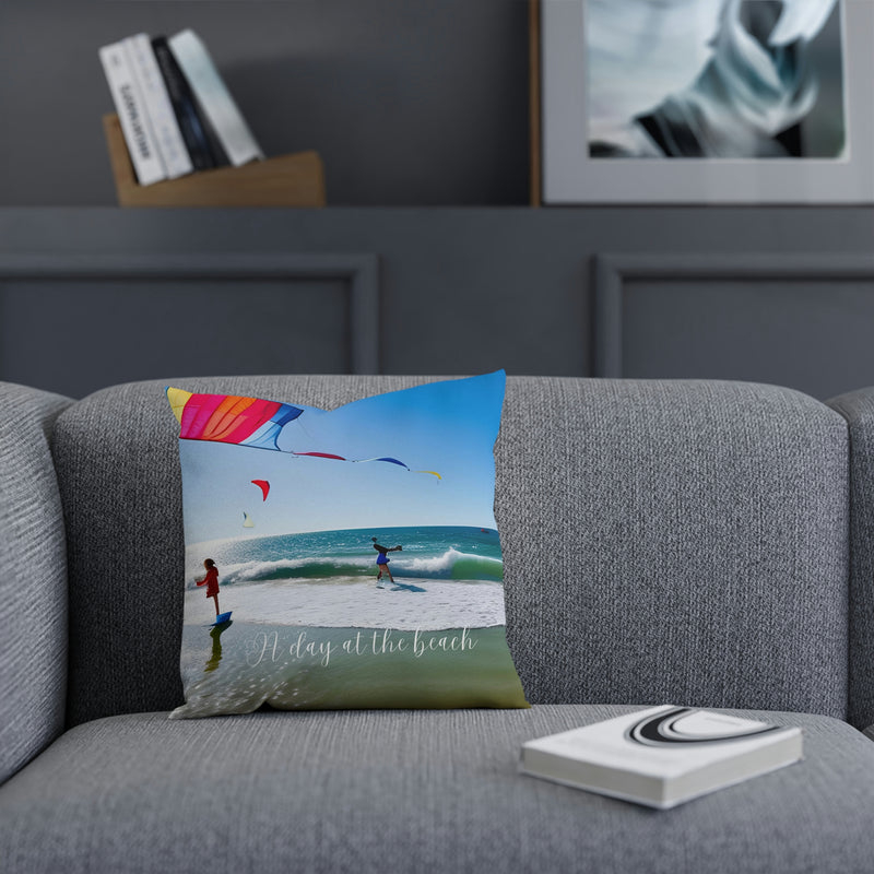 From our Sand and Sun collection. A beautiful accent cushion showing a perfect day at the beach. Great addition to your beach house, vacation home, or rental property. Matching beverage mug also available.