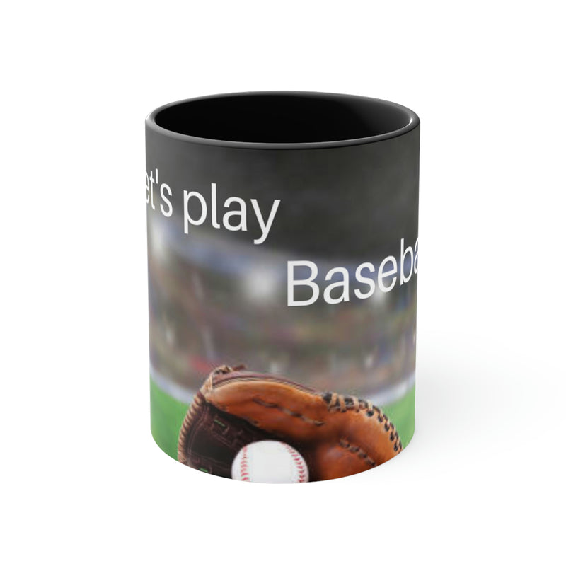 Perfect gift for that baseball mom or dad. Ball and glove lying on green grass with the simple phrase, let's play baseball.