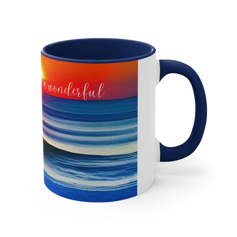 From our Sand and Sun collection. A beautiful sunset over the water is the perfect way to start your day with a hot cup of coffee, or end your day with a warm cup of tea. Matching accent cushion also available.