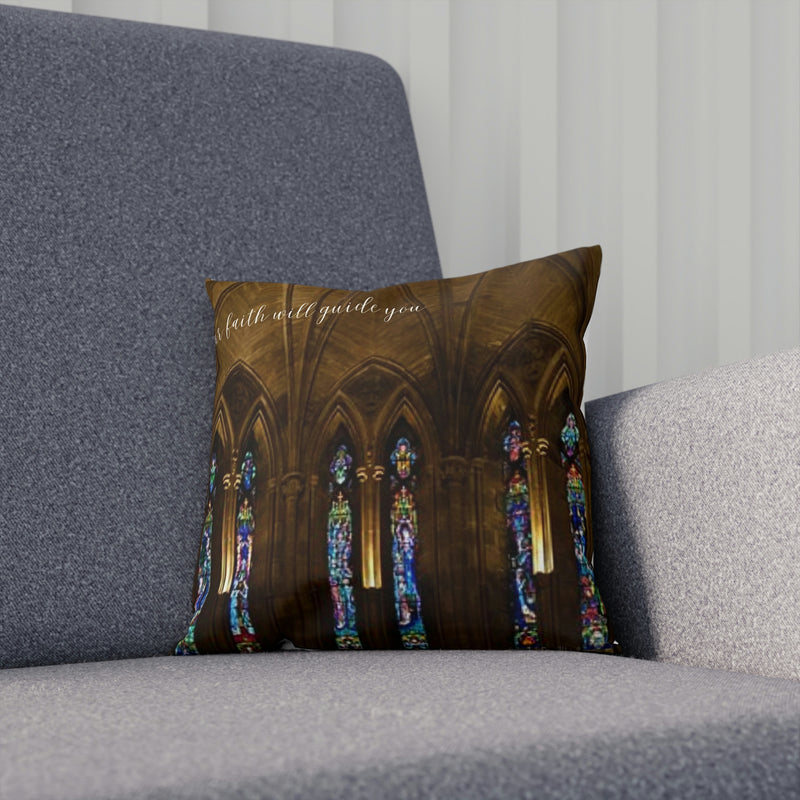 From our Faith Based collection of merchandise. This cushion showcases beautiful stained glass windows with the simple reminder that faith will guide you.