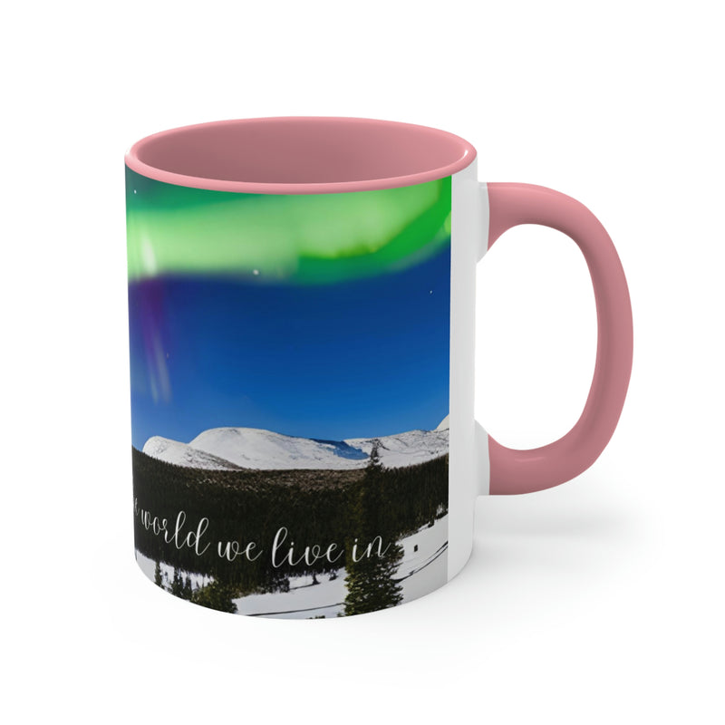 Beautiful coffee mug showing image of the northern lights with a gentle reminder to love the world we live in. Part of our Wonderful World collection.